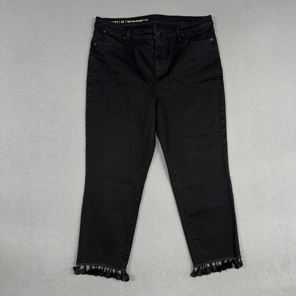 Talbots Jeans Womens 14 Black High Rise Straight Crop Tassel Hem Stretch Denim